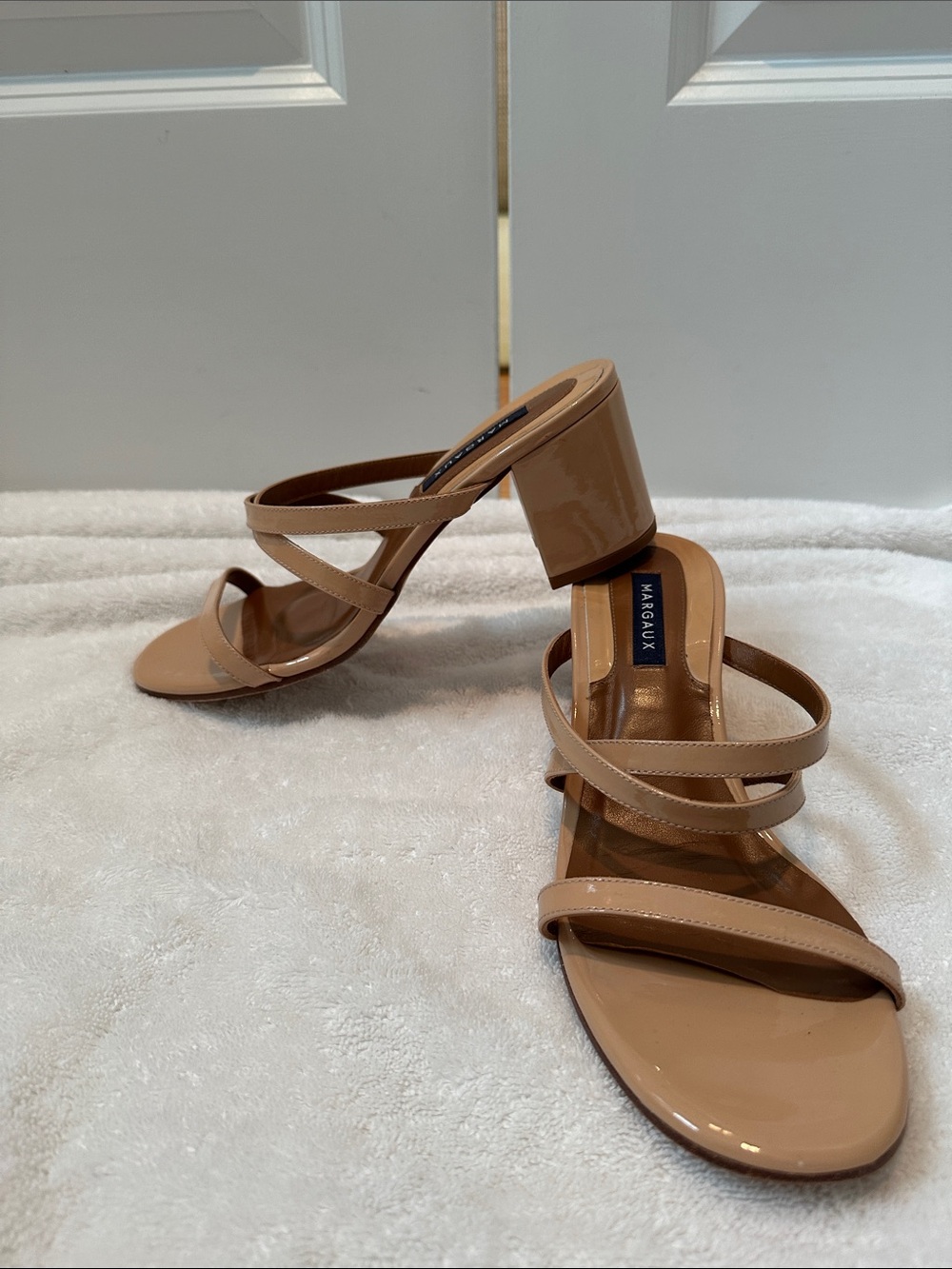 Margaux Patent Strappy Mid Block Heel in Beige